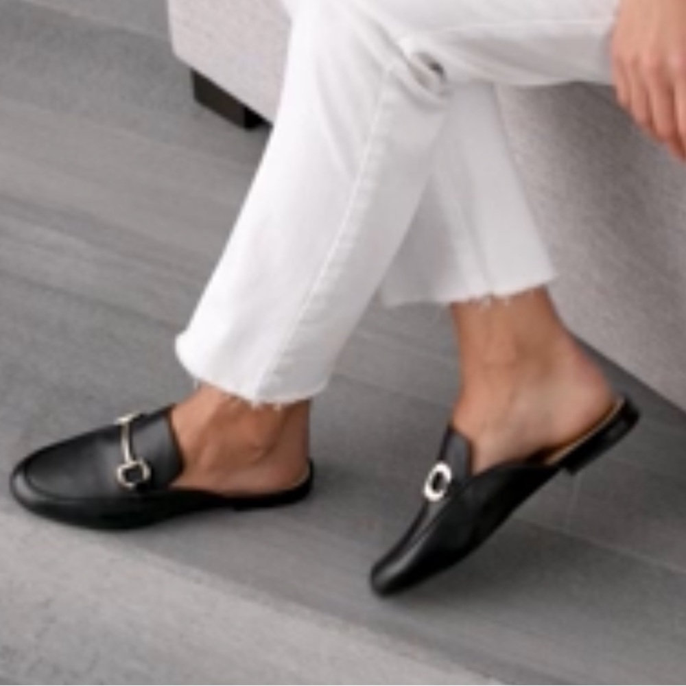 INC Gilia Black Leather Silver Horsebit Mule Slide Loafers